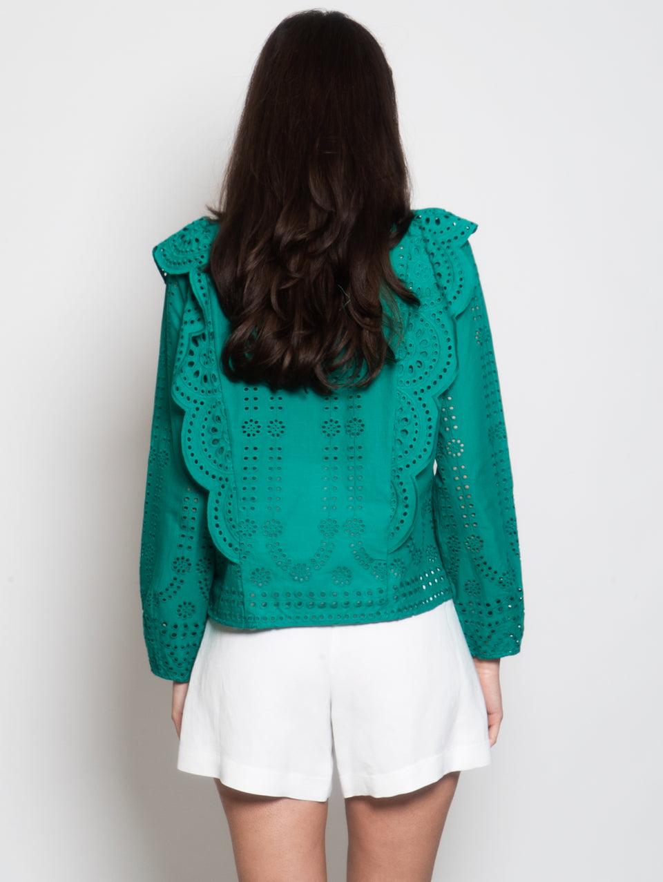 MUNTHE Blusa Girocollo in Cotone con Ricami Verde Vendita Calda