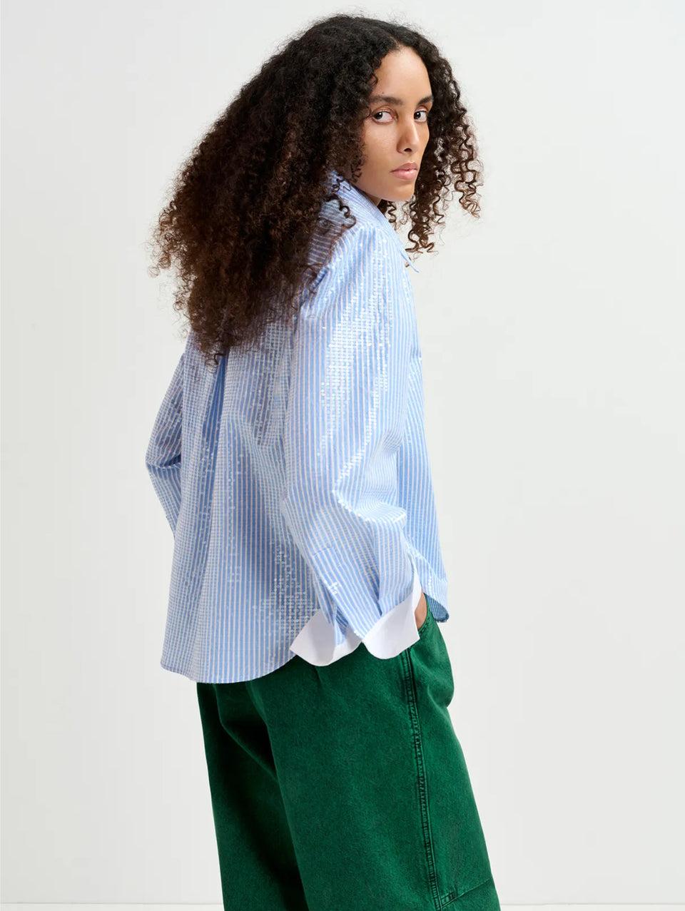 ESSENTIEL ANTWERP Camicia a Righe con Paillettes Bianco/Blu Negozio online di fabbrica