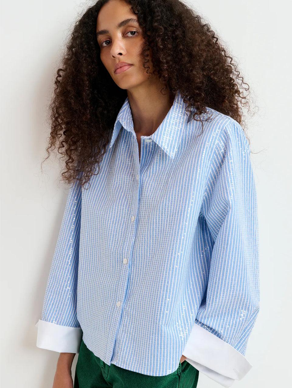 ESSENTIEL ANTWERP Camicia a Righe con Paillettes Bianco/Blu Negozio online di fabbrica