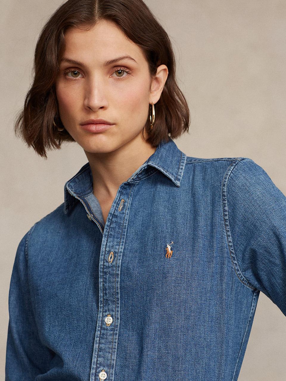 RALPH LAUREN Camicia in Twill di Cotone Denim Blu Comprare a buon mercato