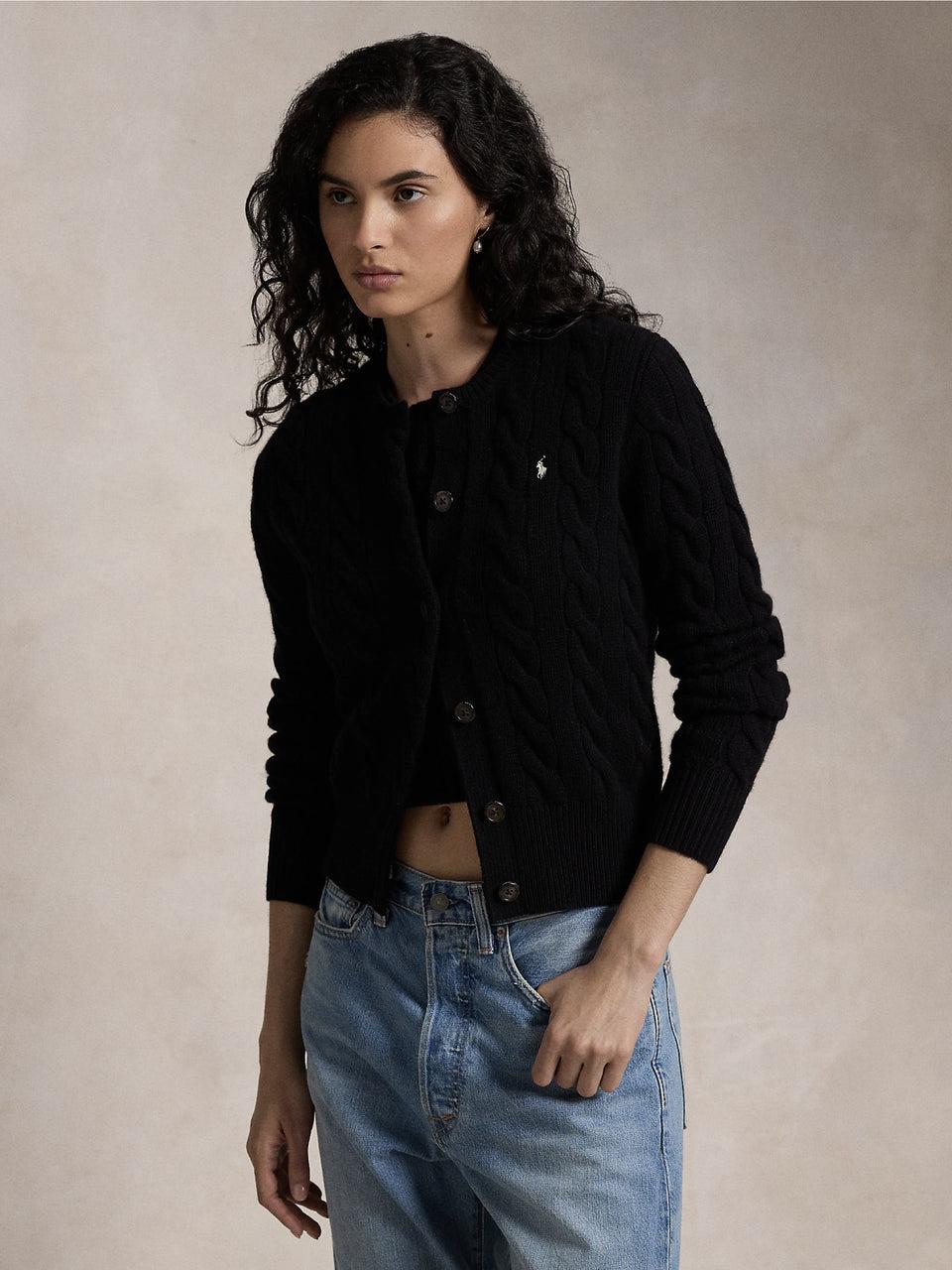 RALPH LAUREN Cardigan a Trecce in Misto Cashmere Nero Grandi sconti