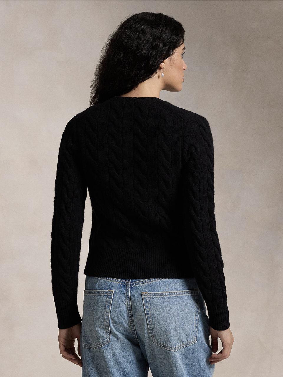 RALPH LAUREN Cardigan a Trecce in Misto Cashmere Nero Grandi sconti