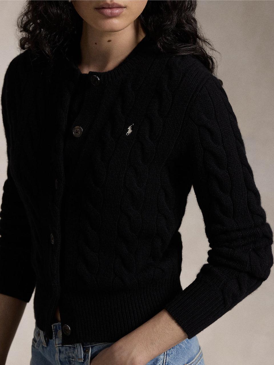 RALPH LAUREN Cardigan a Trecce in Misto Cashmere Nero Grandi sconti