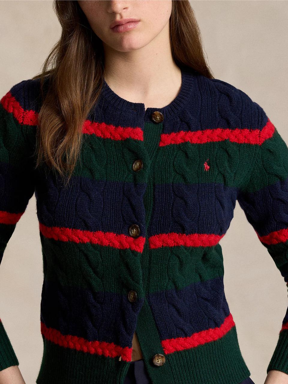 RALPH LAUREN Cardigan a Righe in Misto Cashmere Verde/Blu Bestseller