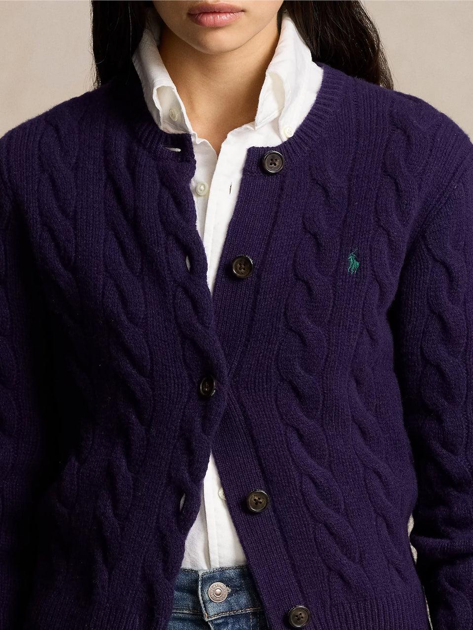 RALPH LAUREN Cardigan a Trecce in Misto Cashmere Viola Offerte stagionali