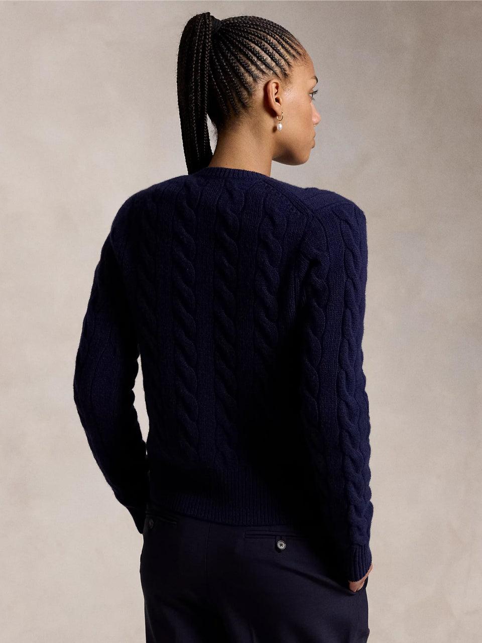 RALPH LAUREN Cardigan a Trecce in Misto Cashmere Blu Liquidazione