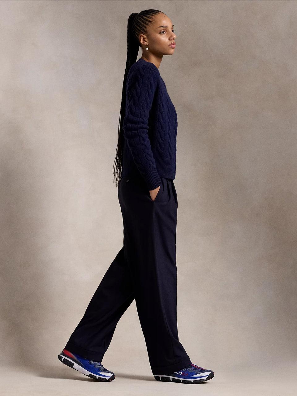 RALPH LAUREN Cardigan a Trecce in Misto Cashmere Blu Liquidazione