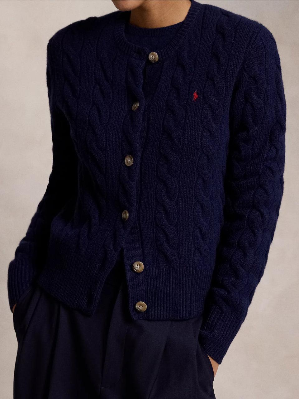 RALPH LAUREN Cardigan a Trecce in Misto Cashmere Blu Liquidazione