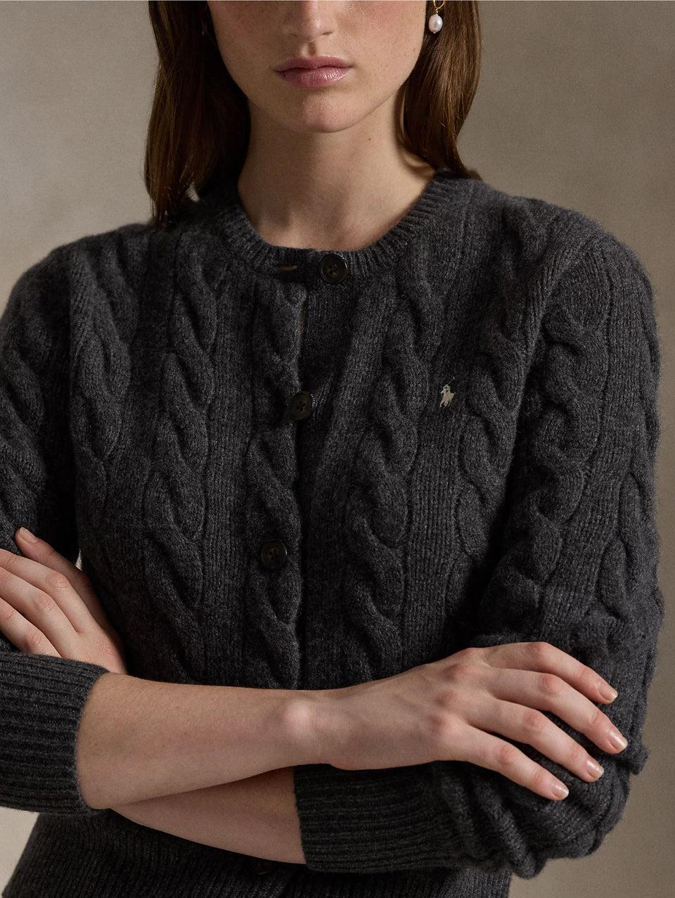 RALPH LAUREN Cardigan a Trecce in Misto Cashmere Grigio Super Saving Price