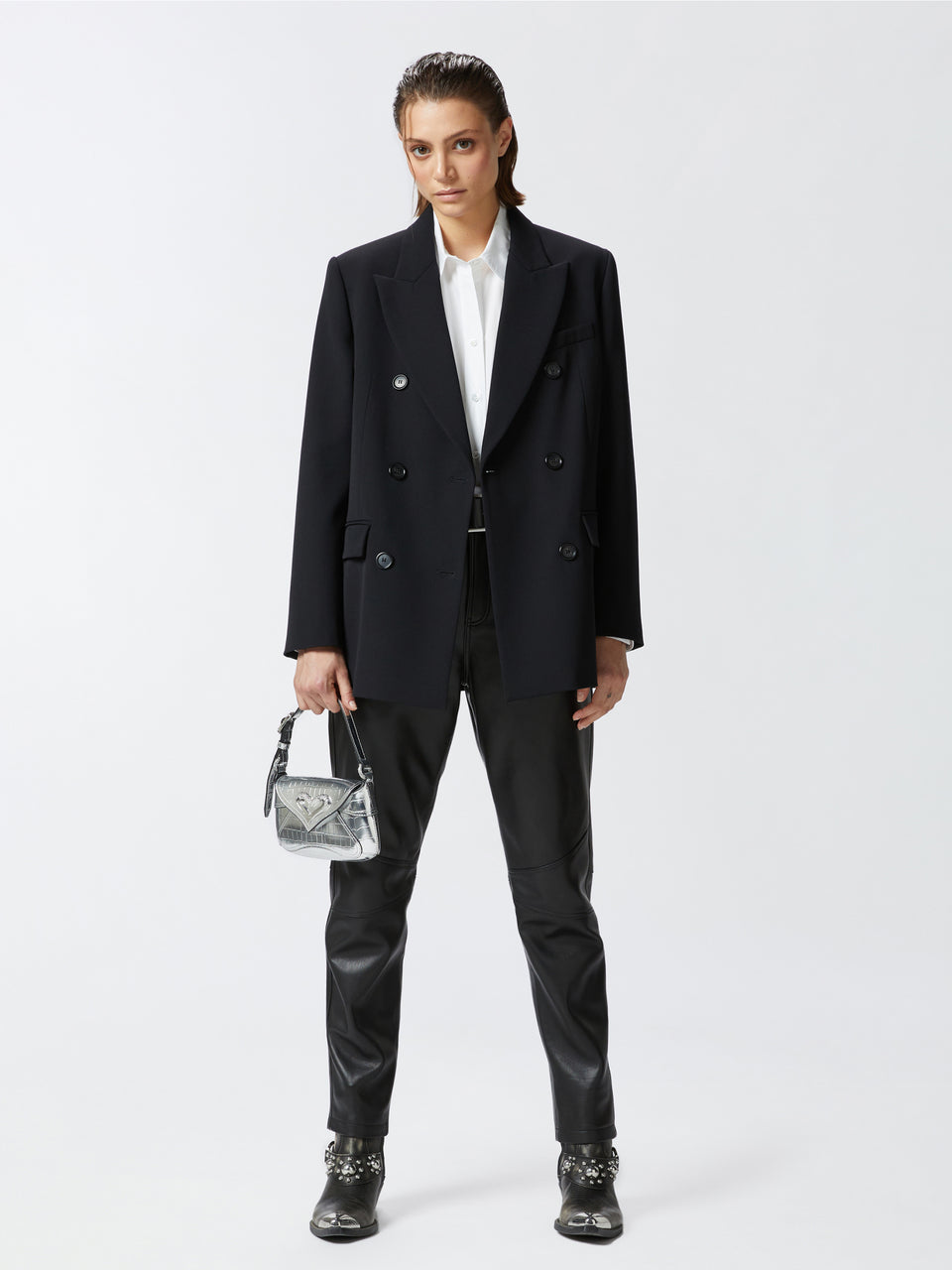 PINKO Giacca Doppio Petto in Twill Nero Acquista Ora