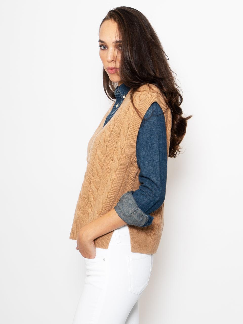 RALPH LAUREN Gilet a Trecce Scollo a V Cammello Sconto