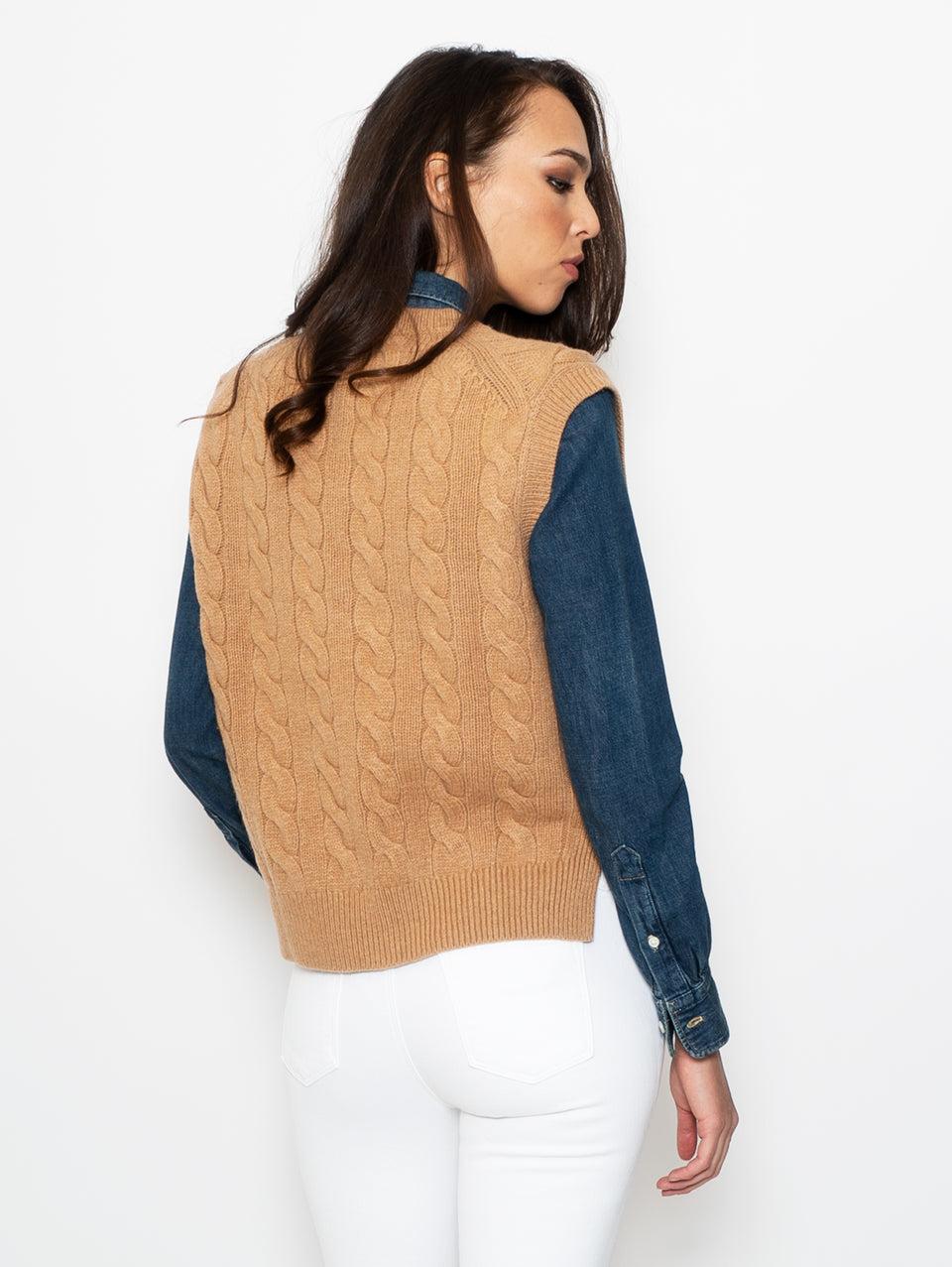 RALPH LAUREN Gilet a Trecce Scollo a V Cammello Sconto