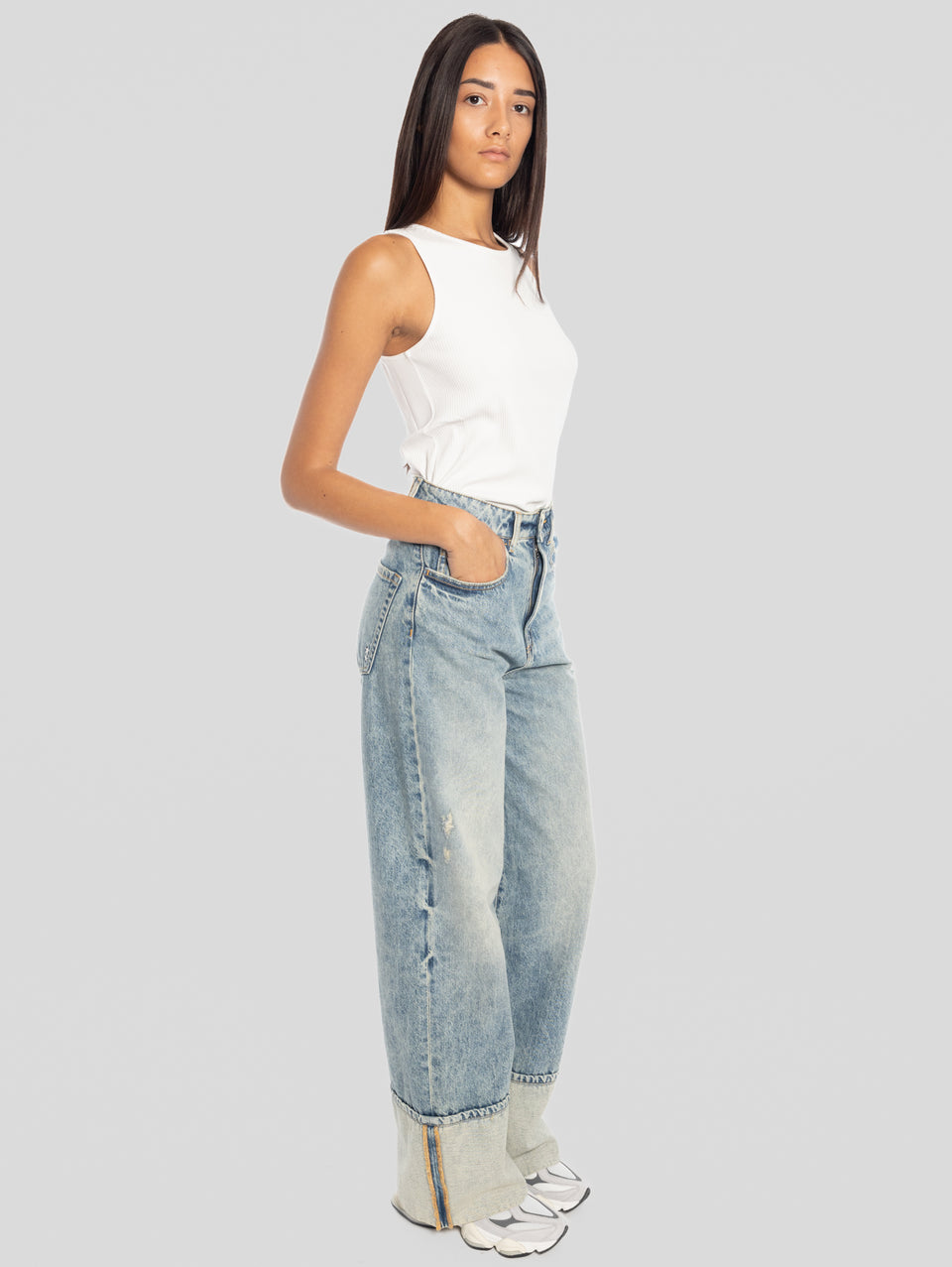 ICON DENIM Jeans Kiki Wide Leg con Maxi Risvolto Blu Latest fashion