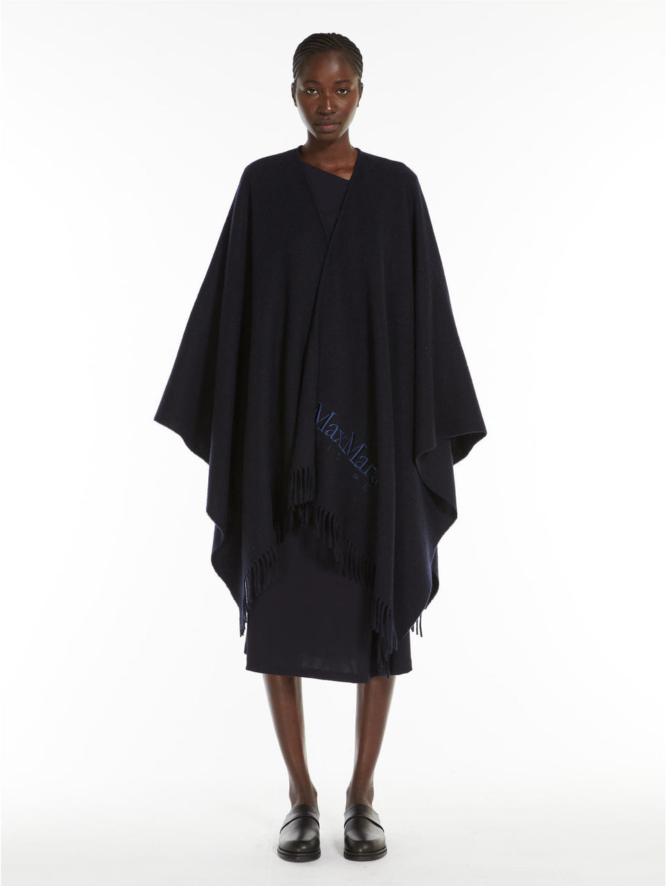 MAX MARA LEISURE Poncho in Lana con Frange Blu Trasporto libero internazionale