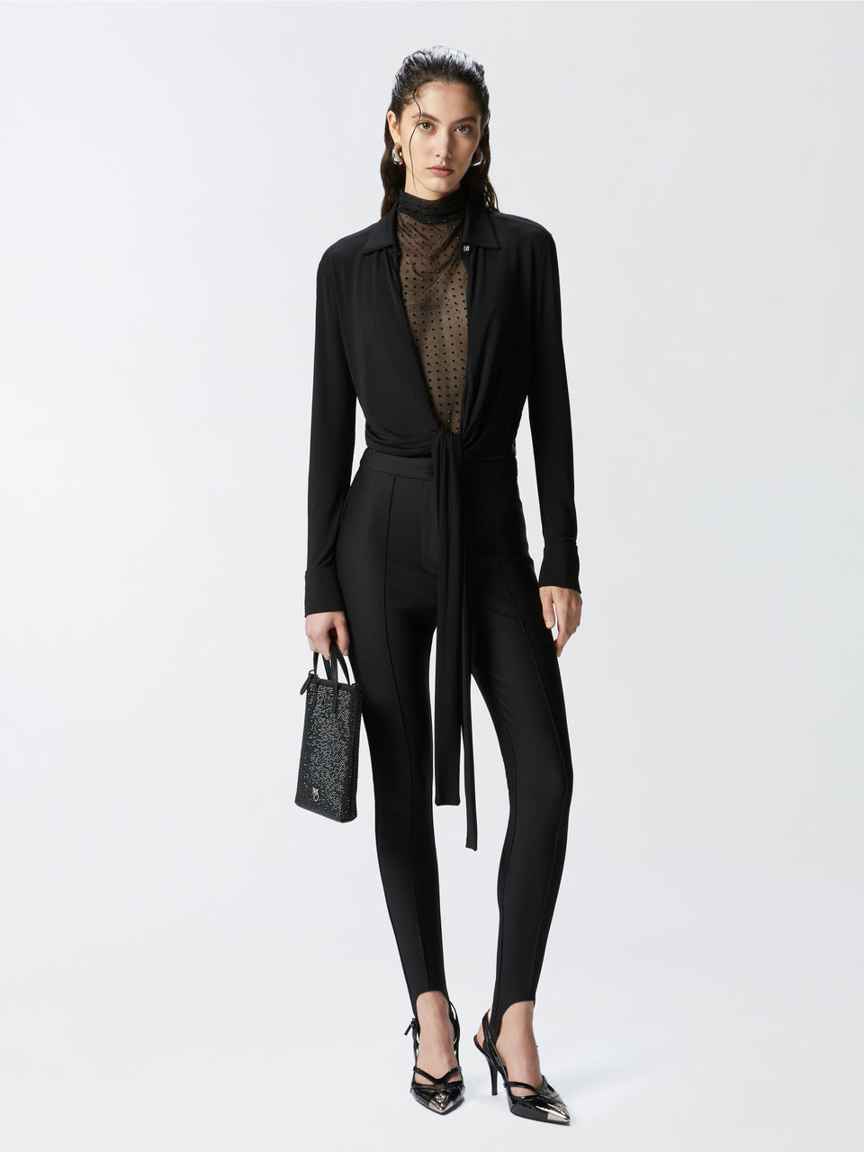 PINKO Top in Tulle con Strass Nero Offerta speciale