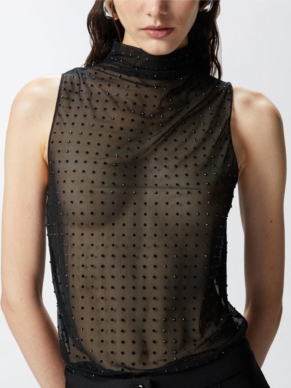PINKO Top in Tulle con Strass Nero Offerta speciale