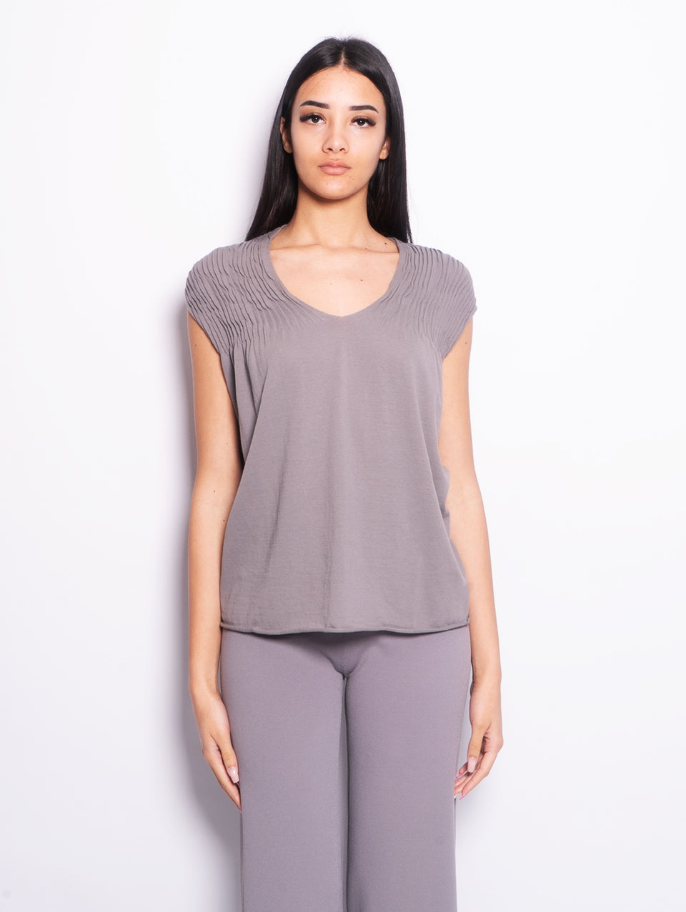 KANGRA Top in Cotone con Pieghe Piombo
