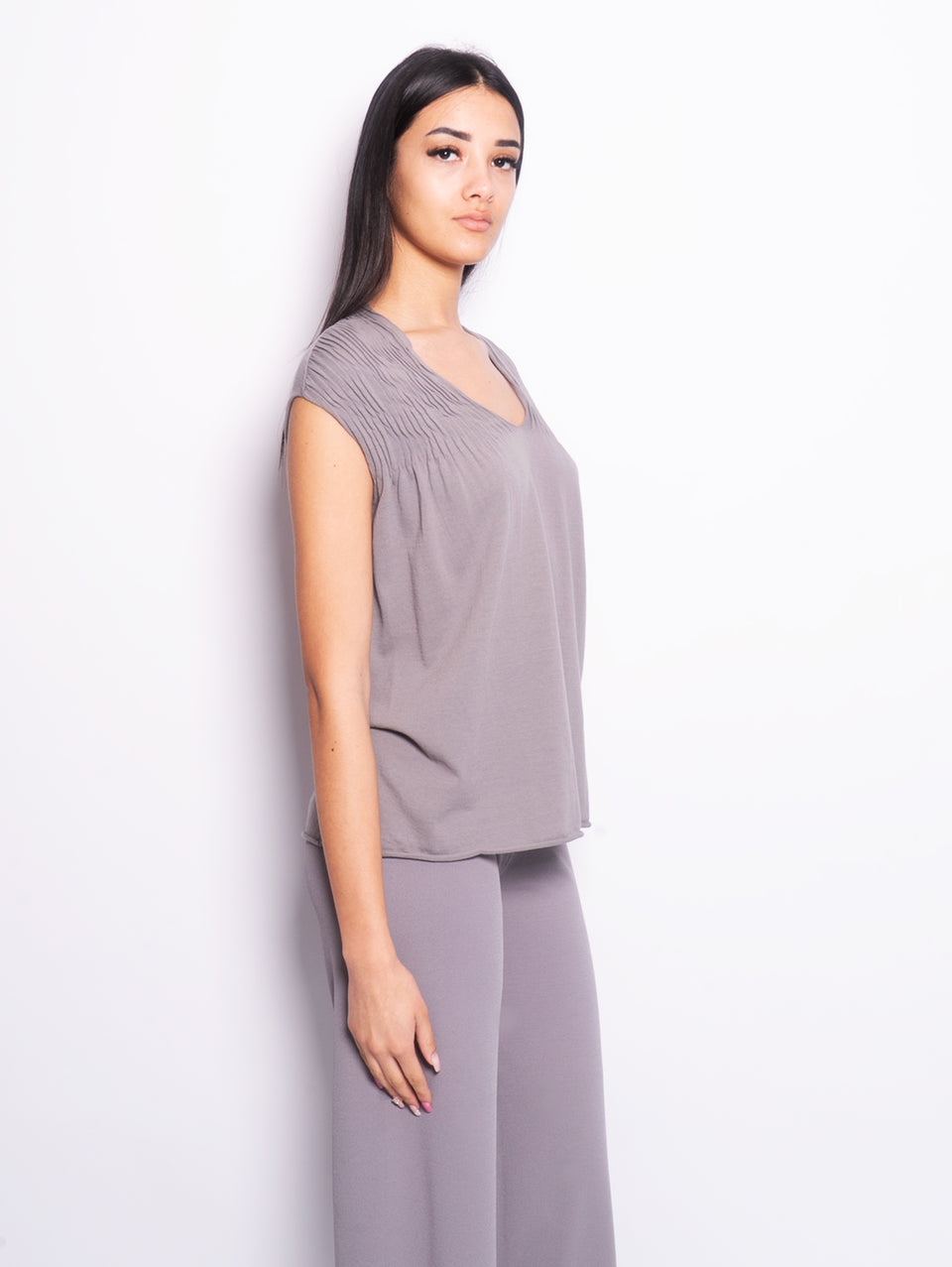 KANGRA Top in Cotone con Pieghe Piombo Fornitura limitata