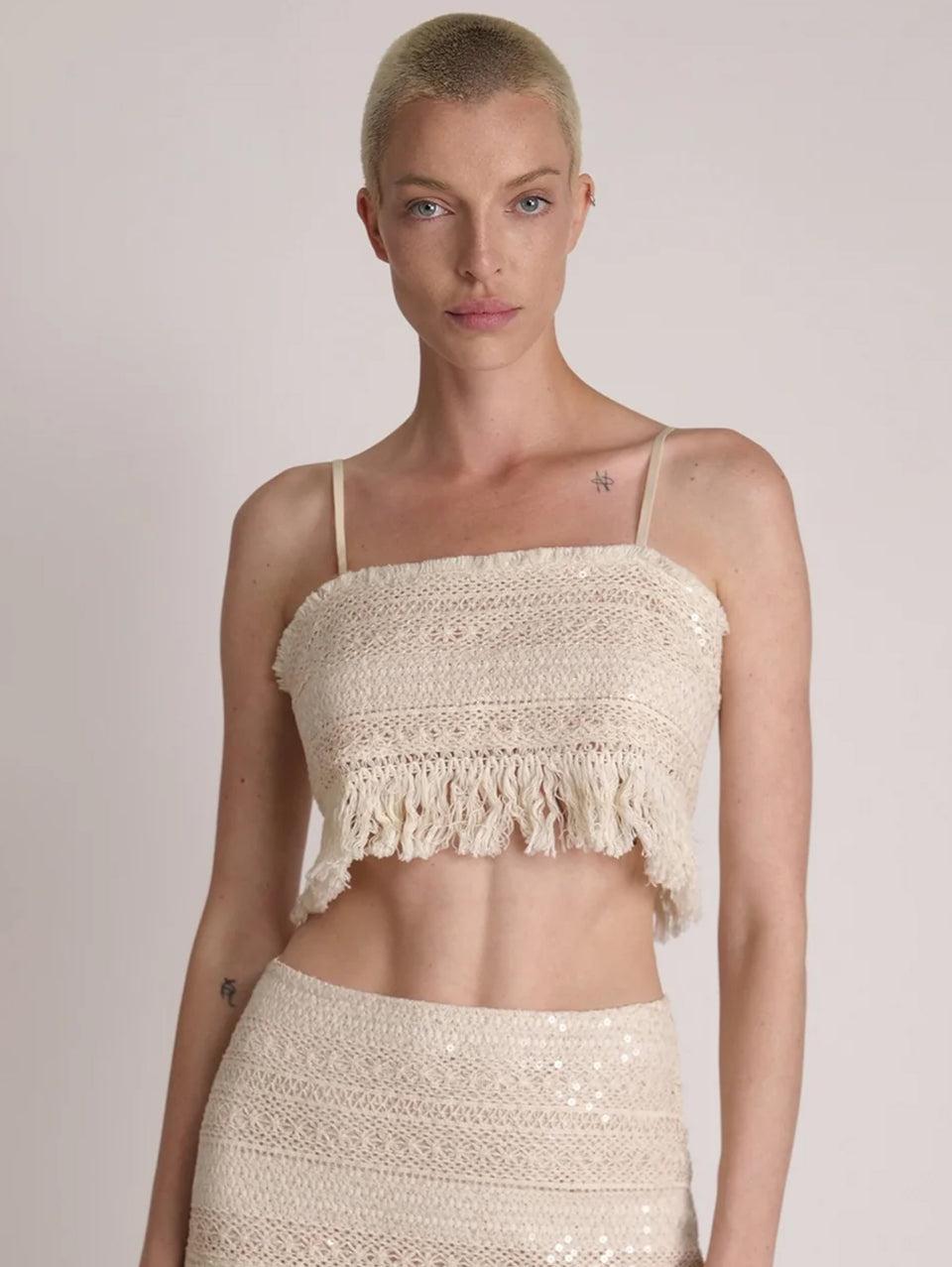 SABINA MUSÁYEV Top Cropped in Pizzo e Paillettes Avena