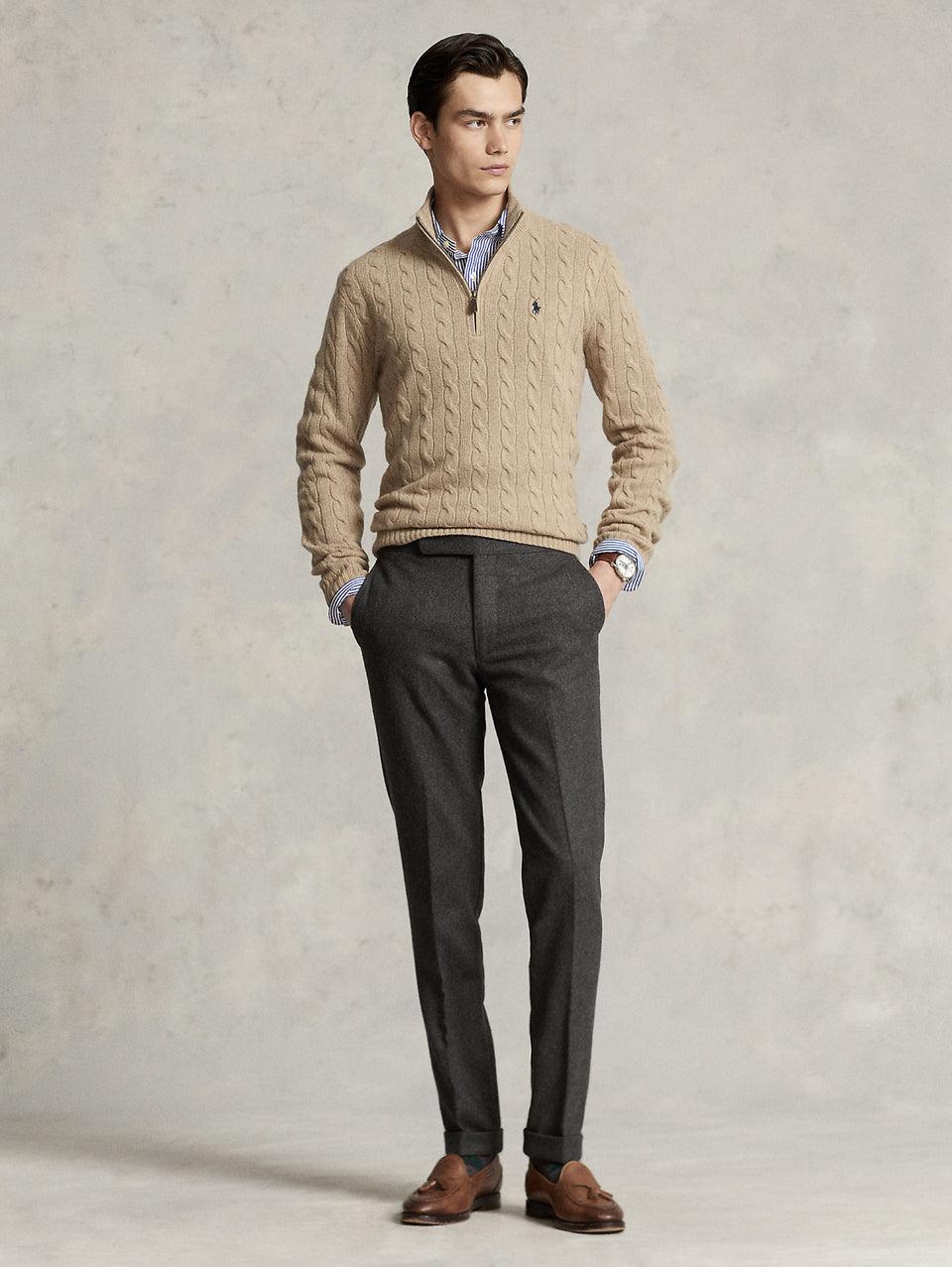RALPH LAUREN Maglia Mezza Zip a Trecce Cammello Vendita calda