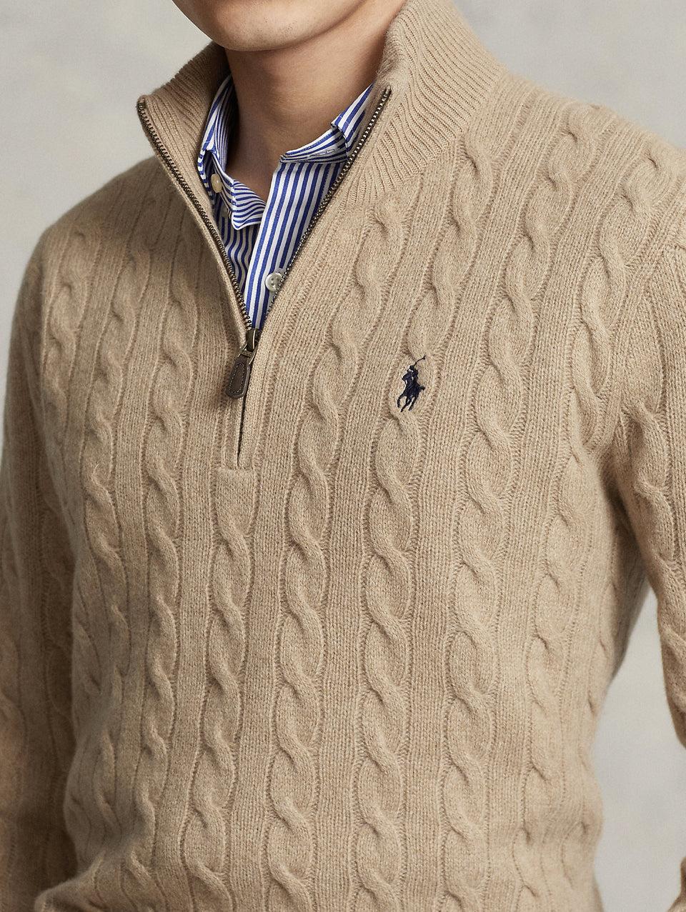 RALPH LAUREN Maglia Mezza Zip a Trecce Cammello Vendita calda