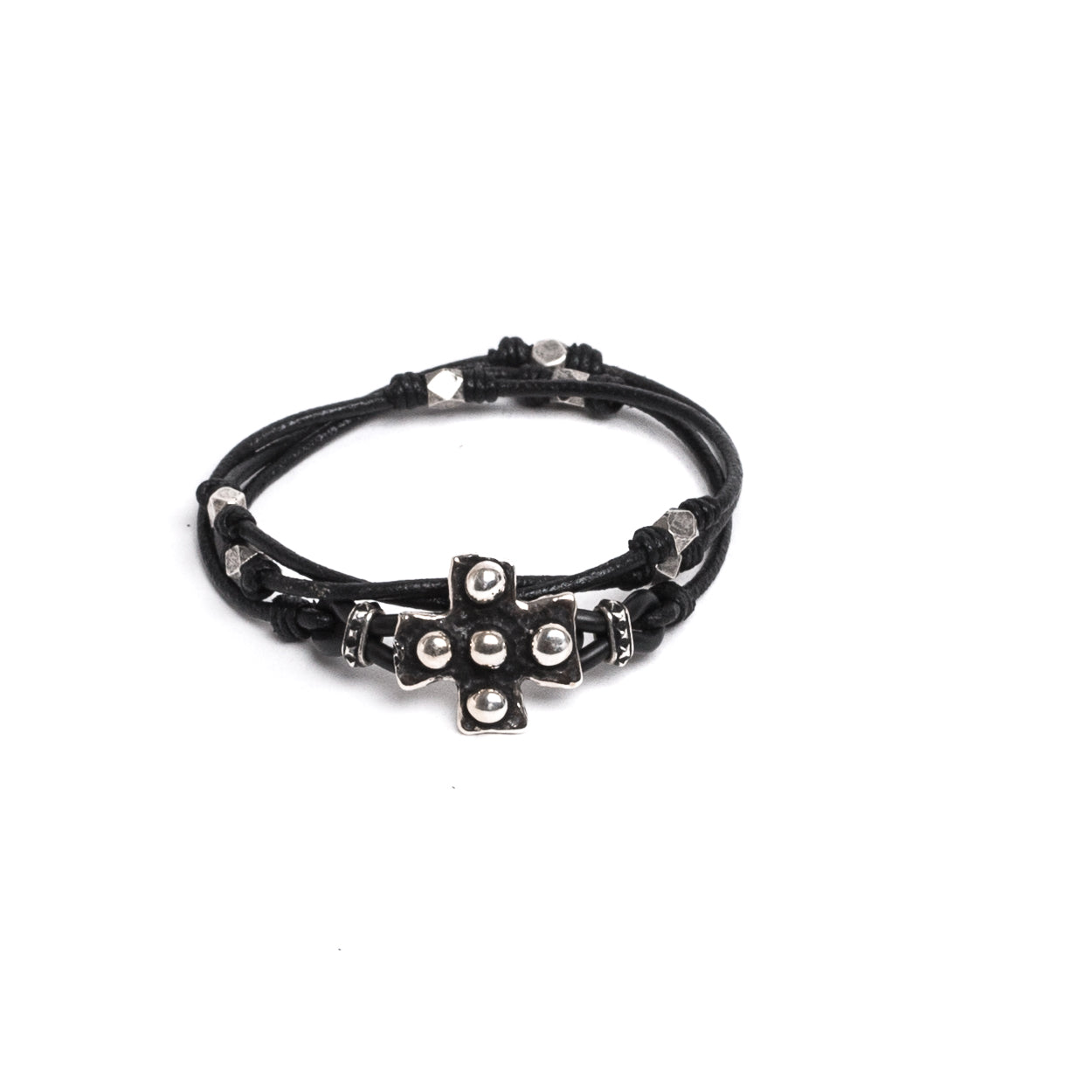 D'AMICO Bracciale Cuoio + Croce Palline e Pepite Prezzo Ridotto