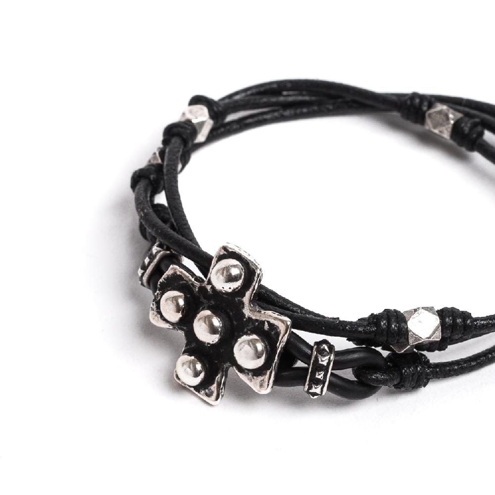 D'AMICO Bracciale Cuoio + Croce Palline e Pepite Prezzo Ridotto